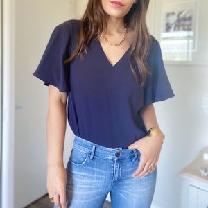 H&M Navy Blue Ruffle Sleeve V Neck Blouse Small